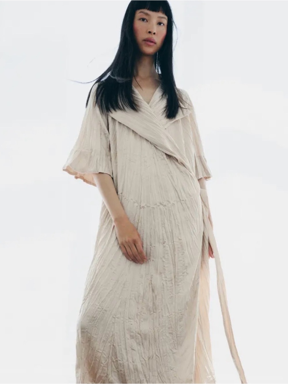 Zara Soft Cream Crinkle Wrap Midi Dress